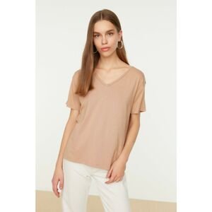 Trendyol Camel Piping Detailed Basic Knitted T-Shirt