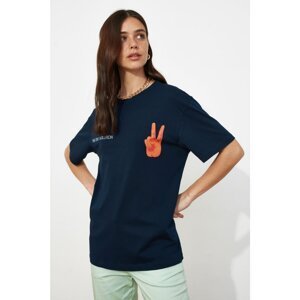 Trendyol Navy Blue Boyfriend Printed Knitted T-Shirt