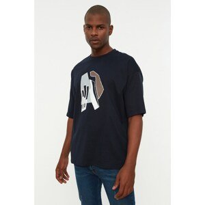 Trendyol Navy Blue Men's Short Sleeve Oversize Fit 100% Cotton Printed TShirt