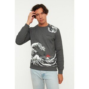 Trendyol Anthracite Men's Licensed Hokusai Printed Regular Fit Crew Neck Sweatshirt