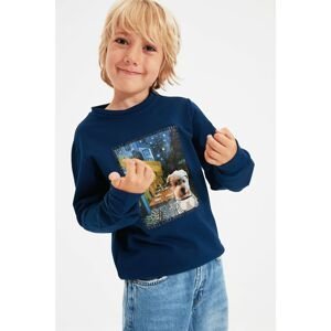 Trendyol Navy Blue Licensed Café Terrace at Night Printed Boy's Knitted Slim Sweatshirt