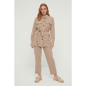 Trendyol Mink Belted Shirt Collar Thin Jacket Bottom-Top Suit