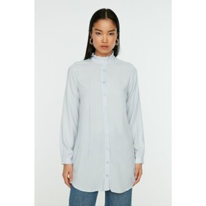 Trendyol Blue Ruched Collar Ruffle Detailed Natural Fabric Shirt