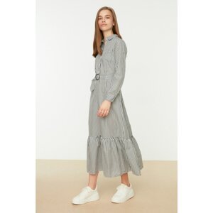 Trendyol Anthracite Striped Belted Detailed Skirt Flounce Woven Shirt Dress