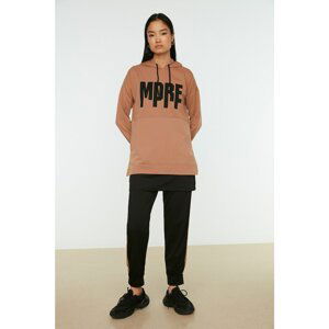 Trendyol Camel Hooded Print Detailed Jogger Knitted Bottom-Top Set