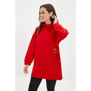 Trendyol Red Hooded Knitted Sweatshirt with Feathers and Accessories