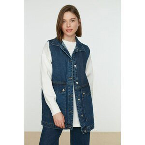 Trendyol Dark Blue Shirt Collar Pocket Detailed 100% Cotton Denim Vest Jacket