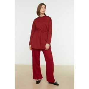 Trendyol Claret Red Crew Neck Smoked Wide Leg Knitted Tracksuit Set