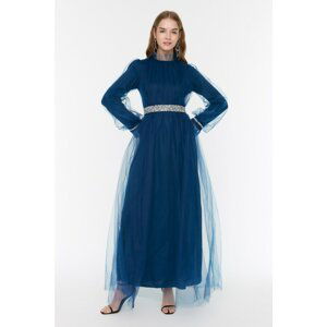 Trendyol Dark Blue Tulle Evening Dress with Stone Detailed on the Waist and Cuff