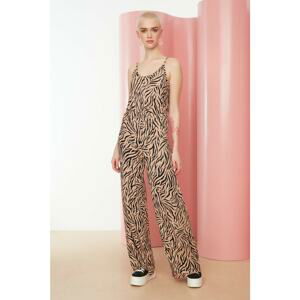 Trendyol Camel Strap Printed Corduroy Knitted Jumpsuit