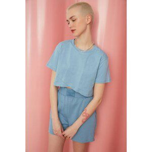 Trendyol Light Blue Asymmetric Crop Knitted T-Shirt