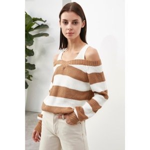 Trendyol Stone Long Sleeve Pool Neck Striped Knitwear Sweater