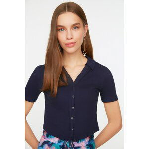 Trendyol Navy Blue Crop Corduroy Knitted Blouse