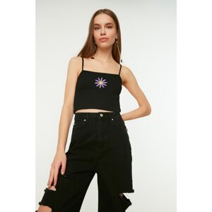 Trendyol Black Strap Embroidered Corduroy Crop Knitted Singlet