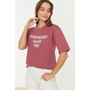 Trendyol Dried Rose Printed Loose Knitted T-Shirt