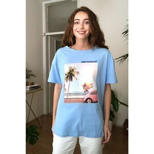 Trendyol Blue Printed Boyfriend Knitted T-Shirt