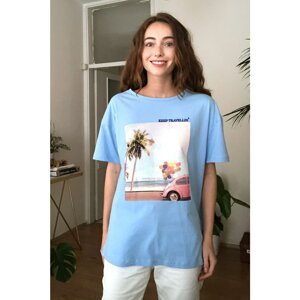 Trendyol Blue Printed Boyfriend Knitted T-Shirt