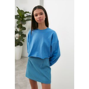 Trendyol Blue Long Sleeve Crew Neck Crop Knitted Sweatshirt