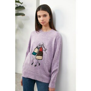 Trendyol Lilac Long Sleeve Crew Neck Embroidery Detailed Knitwear Sweater