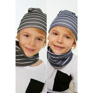 Trendyol Black-Navy Blue Striped Boy Knitted Beanie Neck Collar Set