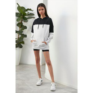 Trendyol Gray Long Sleeve Hooded Color Block Knitted Sweatshirt