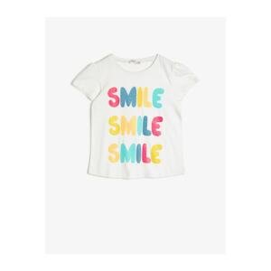 Koton Girl's Ecru Cotton Soft Glittery Text Printed Short Sleeve Crew Neck T-shirt