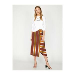 Koton Women's Brown Regular Waist Midi Striped Skirt