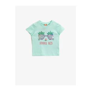 Koton Girl's Mint Glittery Text Embroidered Cotton T-Shirt