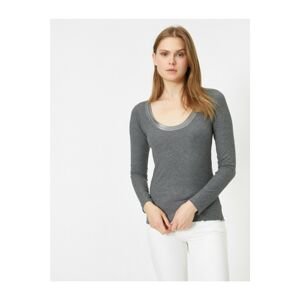 Koton Women's Gray Hollow Collar Long Sleeve Slim Fit T-Shirt