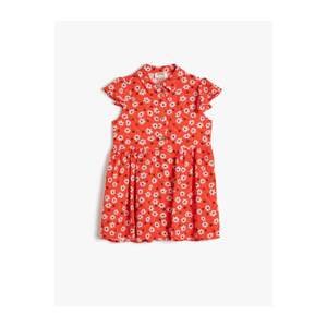 Koton Floral Slim Flowy Fabric Shirt Collar Ruffled Medium Length Dress