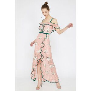 Koton Women's Pink Strap Short Sleeve Ruffle Detailed Maxi Length Dress