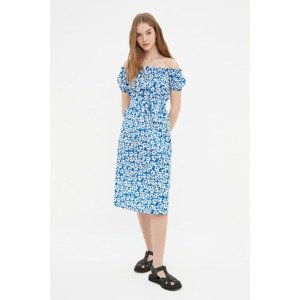 Trendyol Blue Belted Carmen Collar Dress