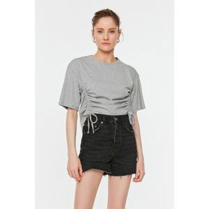 Trendyol Gray Ruffle Detailed Crop T-Shirt