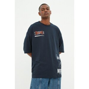 Trendyol Navy Blue Men's Oversize Fit Crew Neck Printed 100% Cotton T-Shirt