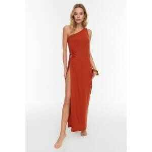 Trendyol Brown One-Shoulder Slit Detailed Knitted Beach Dress