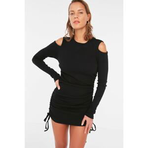 Trendyol Black Pleated Cut Out Detailed Mini Knitted Dress