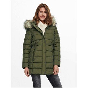 Khaki Women's Quilted Winter Coat with Hood and Fur ONLY Luna - Women