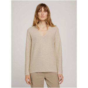 Beige Women's Ribbed Sweater with Clamshell Neckline Tom Tailor - Women