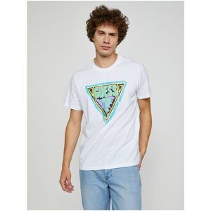 White Men's T-Shirt with Guess Brushed Triangle Print - Men's