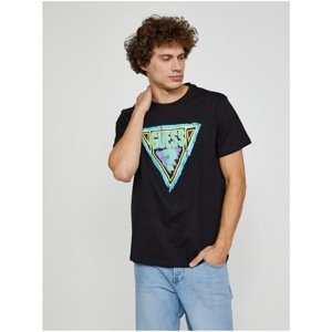 Black Men's T-Shirt with Guess Brushed Triangle Print - Men's