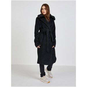 Black Women's Wool Coat with Collar made of Artificial Fur Guess Brenda - Women