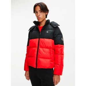 Black-Red Men's Quilted Jacket Calvin Klein Colorblock Hooded - Men