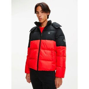 Black-Red Men's Quilted Jacket Calvin Klein Colorblock Hooded - Men