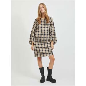 Black-beige ladies plaid dress with balloon sleeves VILA Demi - Ladies