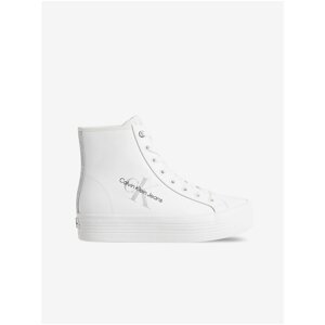 White Women's Ankle Leather Sneakers on Calvin Klein Platform - Women