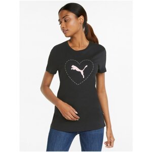 Black Women's Patterned T-Shirt with Decorative Details Puma Valentine's Day - Women