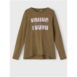 Khaki Girls' Loose T-Shirt with Name It Violet Print - Unisex