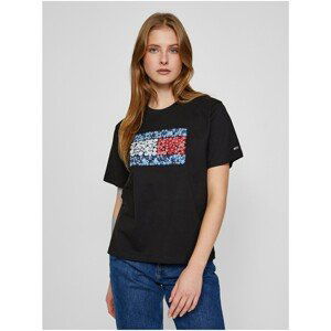 Black Women's T-Shirt with Prints Tommy Jeans Floral Flag Tee - Women