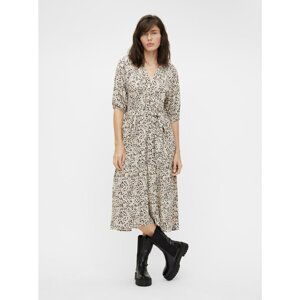 Beige patterned midish dress with tie . OBJECT Hessa - Women