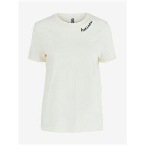 Cream T-shirt with Inscription Pieces Velune - Women